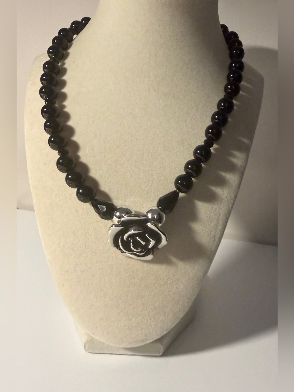 Black Beaded Necklace with Silver Rose Pendant